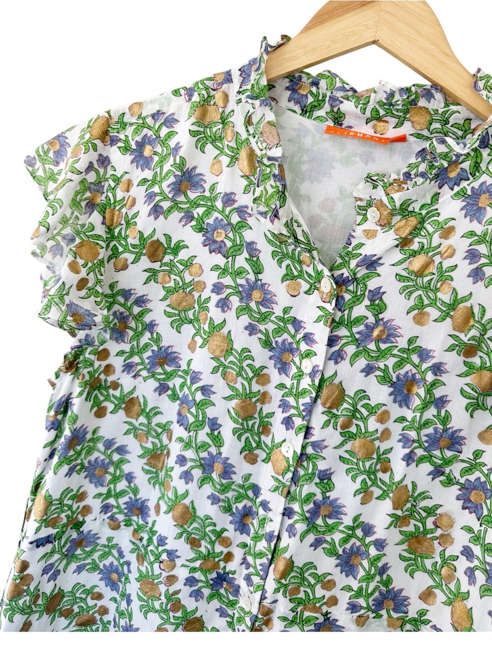 Oliphant • Hand Block Lupina Peri Maxi Dress Ruffle Collar Button Front Cotton - Picture 7 of 12